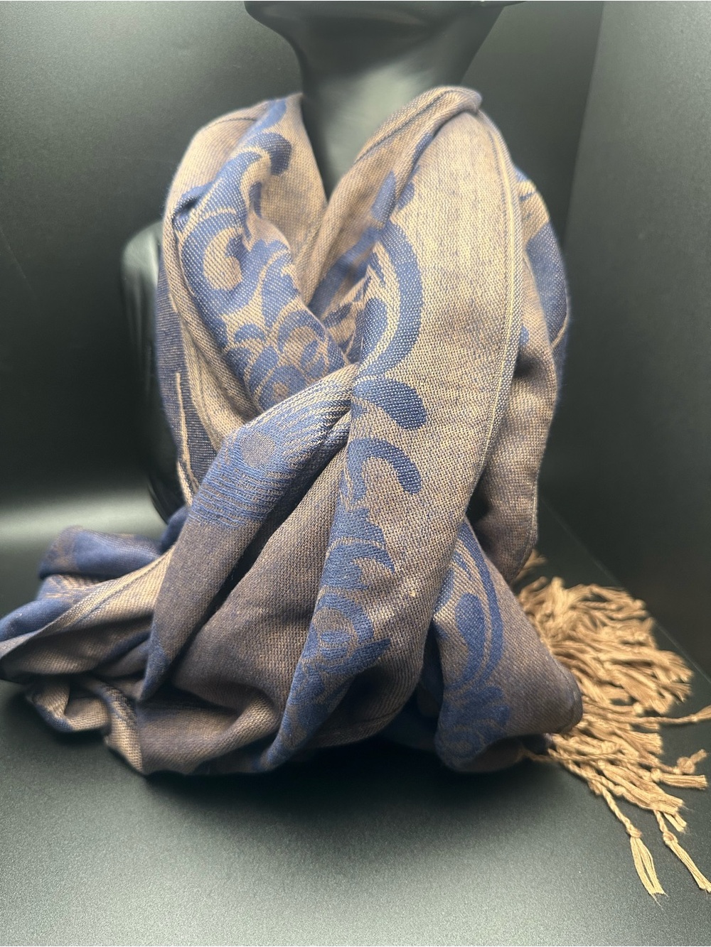 Title: Pashmina — 100% Cashmere Wrap, Navy Feather Jacquard, NIP